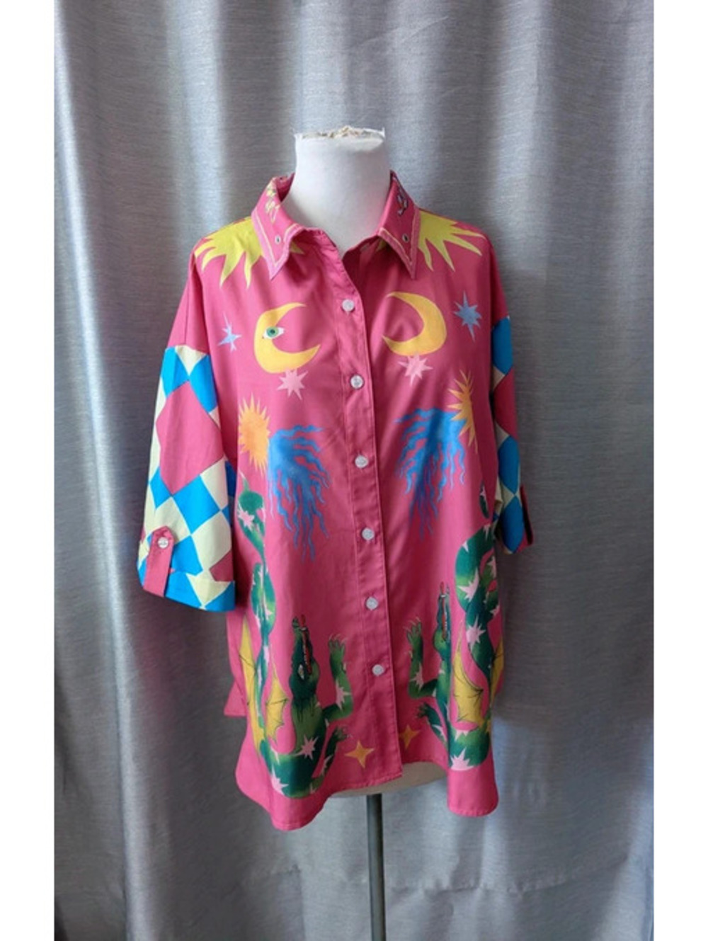 SOLD Pink Cosmic Print Shirt Dragons Moons XL